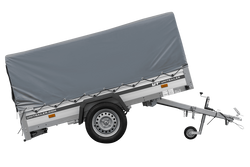 Przyczepka jednoosiowa na resorach z burtami aluminiowymi 230x125 Unitrailer Garden 230/R KIPP ALU ze stelażem H-800 i pokrowcem szarym