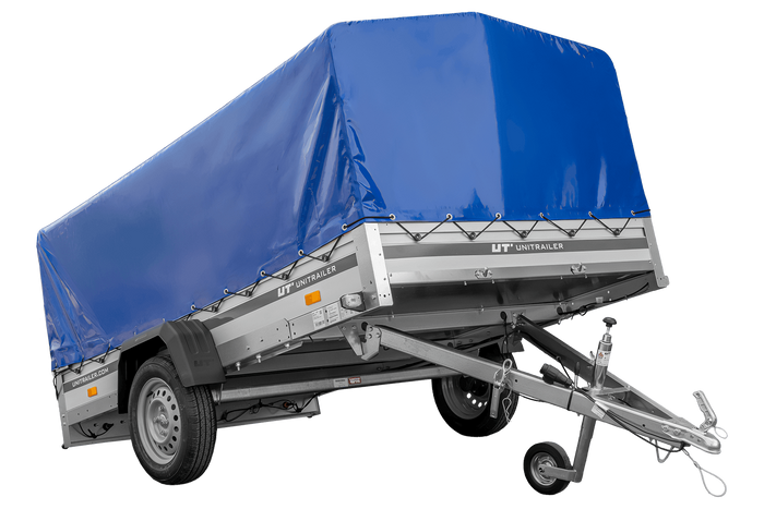 Przyczepka jednoosiowa z burtami aluminiowymi 264x150 Unitrailer Garden 265 KIPP ALU ze stelażem H-800 i pokrowcem niebieskim