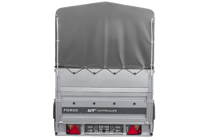 Przyczepka samochodowa 264x125 UNITRAILER FORCE 264 KIPP z burtami BIS, stelażem H-800 i pokrowcem szarym