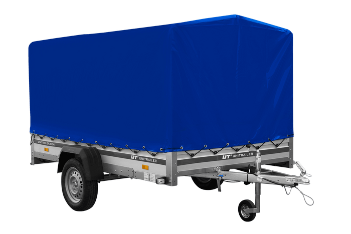 Przyczepka samochodowa z burtami aluminiowymi 264x150 Unitrailer Garden 265 KIPP ALU ze stelażem H-1100 i pokrowcem niebieskim