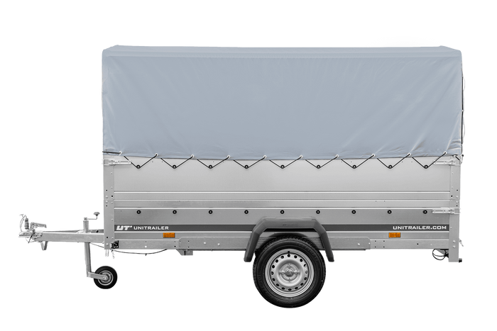 Przyczepka lekka na resorach 264x125 UNITRAILER GARDEN 264/R KIPP z burtami BIS, stelażem H-800 i pokrowcem szarym