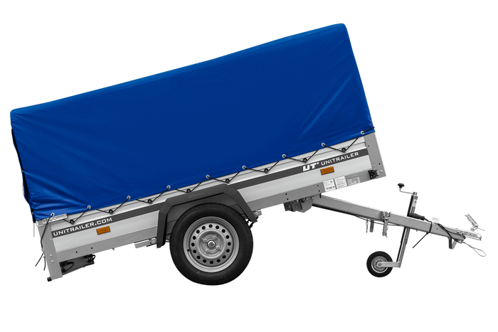 Przyczepka jednoosiowa na resorach z burtami aluminiowymi 230x125 Unitrailer Garden 230/R KIPP ALU ze stelażem H-800 i pokrowcem niebieskim