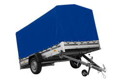 Przyczepka samochodowa z burtami aluminiowymi 264x150 Unitrailer Garden 265 KIPP ALU ze stelażem H-1100 i pokrowcem niebieskim