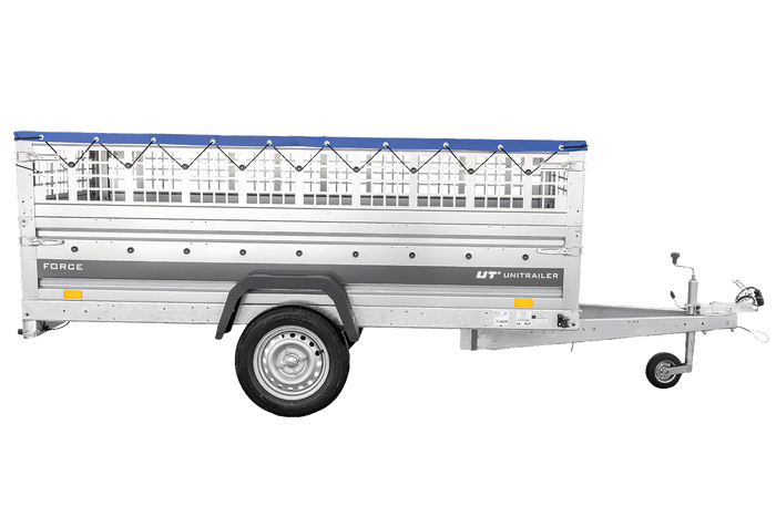 Przyczepka jednoosiowa 264x125 UNITRAILER FORCE 264 KIPP z burtami siatkowymi, stelażem H-0 i pokrowcem niebieskim