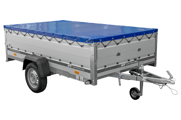 Przyczepka jednoosiowa z burtami aluminiowymi 264x150 Unitrailer Garden 265 KIPP ALU z burtami BIS, stelażem H-0 i pokrowcem niebieskim