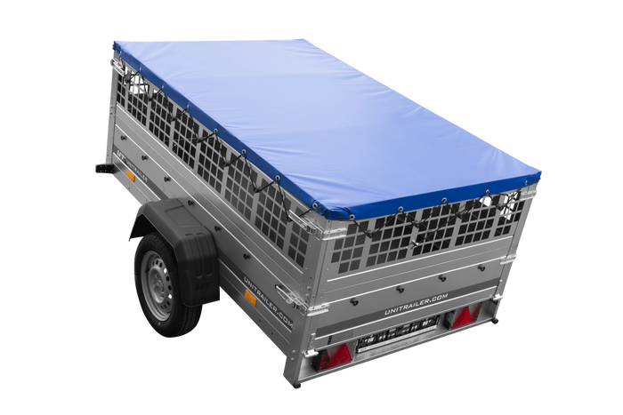 Przyczepka jednoosiowa 200x125 UNITRAILER GARDEN 201 KIPP z burtami siatkowymi i pokrowcem niebieskim