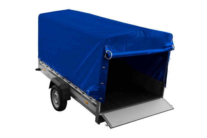 Przyczepka samochodowa z burtami aluminiowymi 264x150 Unitrailer Garden 265 KIPP ALU ze stelażem H-1100 i pokrowcem niebieskim