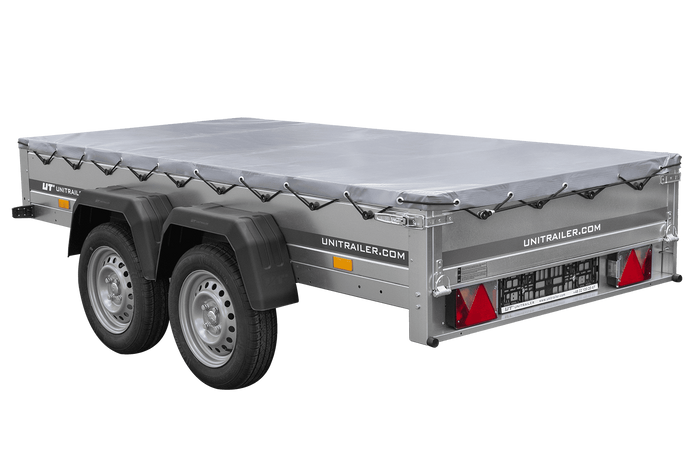 Przyczepka dwuosiowa 264x125 UNITRAILER GARDEN 264/2 KIPP ze stelażem H-0 i pokrowcem szarym