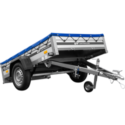 Przyczepka jednoosiowa na resorach z burtami aluminiowymi 200x125 Unitrailer Garden 201/R KIPP ALU ze stelażem H-0 i pokrowcem niebieskim