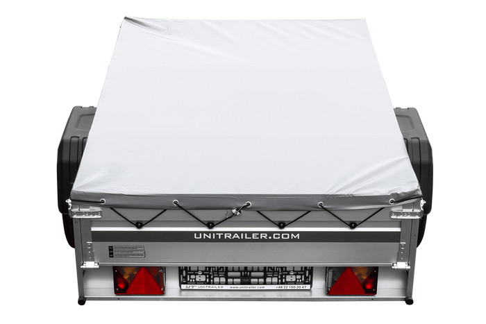 Przyczepka jednoosiowa na resorach z burtami aluminiowymi 200x125 Unitrailer Garden 201/R KIPP ALU ze stelażem H-0 i pokrowcem szarym