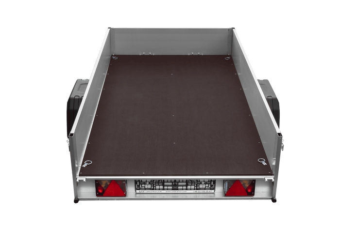Przyczepka samochodowa na resorach z burtami aluminiowymi 230x125 Unitrailer Garden 230/R KIPP ALU