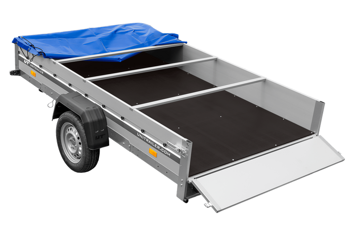 Przyczepka samochodowa z burtami aluminiowymi 264x150 Unitrailer Garden 265 KIPP ALU ze stelażem H-0 i pokrowcem niebieskim