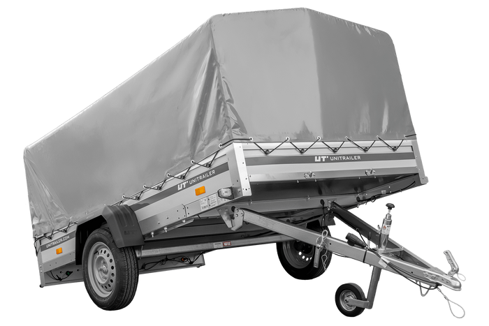 Przyczepka jednoosiowa z burtami aluminiowymi 264x150 Unitrailer Garden 265 KIPP ALU ze stelażem H-800 i pokrowcem szarym