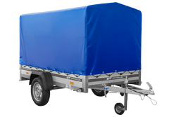 Przyczepka samochodowa z burtami aluminiowymi 230x125 Unitrailer Garden 230 KIPP ALU ze stelażem H1100 i pokrowcem niebieskim