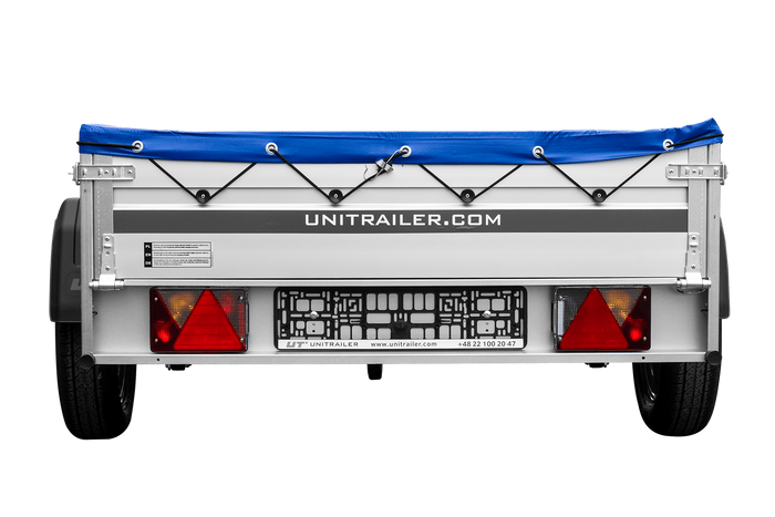 Przyczepka jednoosiowa na resorach z burtami aluminiowymi 200x125 Unitrailer Garden 201/R KIPP ALU ze stelażem H-0 i pokrowcem niebieskim