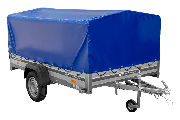Przyczepka jednoosiowa z burtami aluminiowymi 264x150 Unitrailer Garden 265 KIPP ALU ze stelażem H-800 i pokrowcem niebieskim