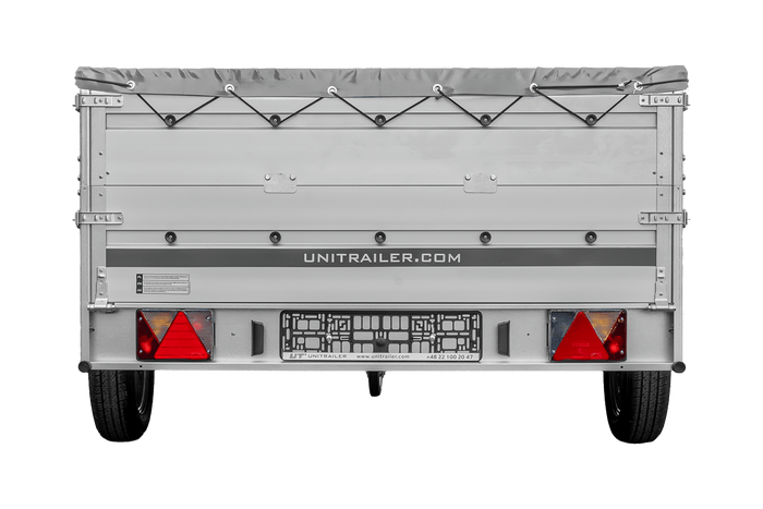 Przyczepka jednoosiowa z burtami aluminiowymi 264x150 Unitrailer Garden 265 KIPP ALU z burtami BIS, stelażem H-0 i pokrowcem szarym
