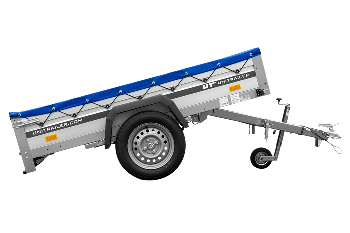 Przyczepka jednoosiowa na resorach z burtami aluminiowymi 200x125 Unitrailer Garden 201/R KIPP ALU ze stelażem H-0 i pokrowcem niebieskim