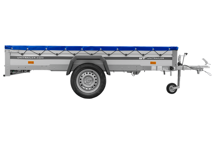 Przyczepka samochodowa z burtami aluminiowymi 264x150 Unitrailer Garden 265 KIPP ALU ze stelażem H-0 i pokrowcem niebieskim