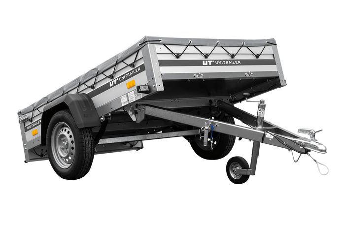 Przyczepka jednoosiowa na resorach z burtami aluminiowymi 200x125 Unitrailer Garden 201/R KIPP ALU ze stelażem H-0 i pokrowcem szarym