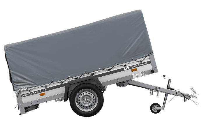 Przyczepka jednoosiowa na resorach z burtami aluminiowymi 230x125 Unitrailer Garden 230/R KIPP ALU ze stelażem H-800 i pokrowcem szarym