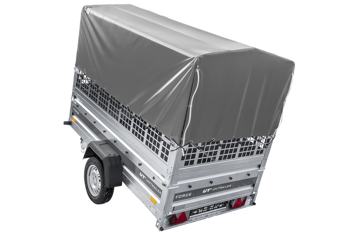 Przyczepka jednoosiowa 230x125 UNITRAILER FORCE 230 KIPP z burtami siatkowymi, stelażem H-800 i pokrowcem szarym