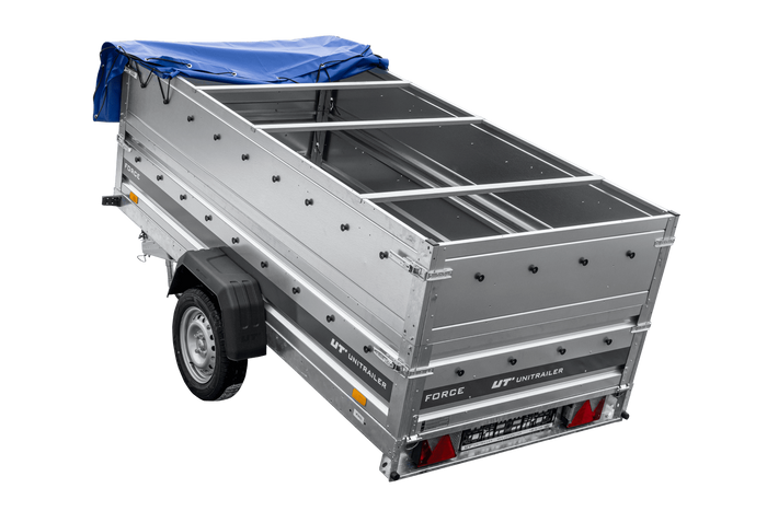 Przyczepka lekka 264x125 UNITRAILER FORCE 264 KIPP z burtami BIS, stelażem H-0 i pokrowcem niebieskim