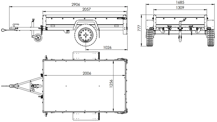 Przyczepka samochodowa na resorach z burtami aluminiowymi 200x125 Unitrailer Garden 201/R KIPP ALU ze stelażem H-800 i pokrowcem niebieskim