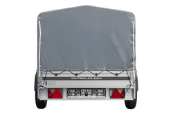 Przyczepka jednoosiowa na resorach z burtami aluminiowymi 230x125 Unitrailer Garden 230/R KIPP ALU ze stelażem H-800 i pokrowcem szarym