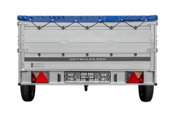 Przyczepka jednoosiowa z burtami aluminiowymi 264x150 Unitrailer Garden 265 KIPP ALU z burtami BIS, stelażem H-0 i pokrowcem niebieskim