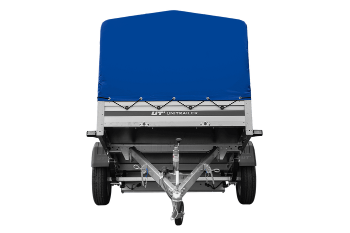 Przyczepka jednoosiowa na resorach z burtami aluminiowymi 230x125 Unitrailer Garden 230/R KIPP ALU ze stelażem H-800 i pokrowcem niebieskim