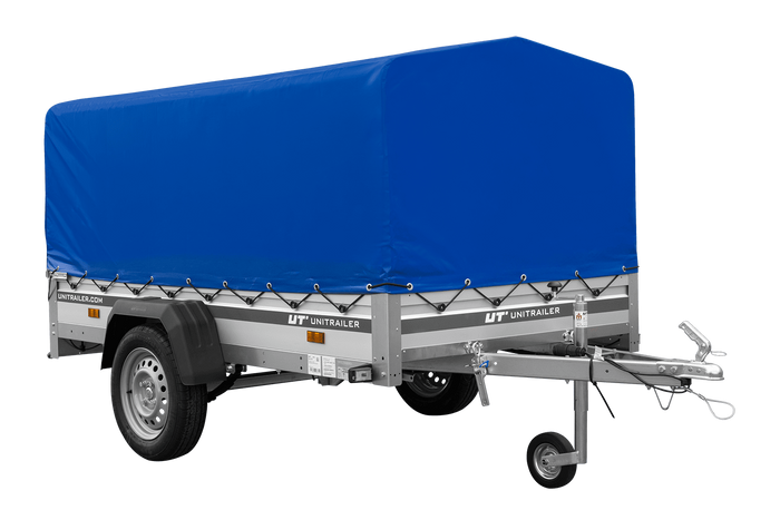 Przyczepka jednoosiowa na resorach z burtami aluminiowymi 230x125 Unitrailer Garden 230/R KIPP ALU ze stelażem H-800 i pokrowcem niebieskim