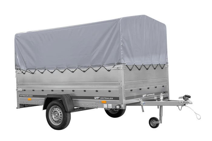 Przyczepka jednoosiowa na resorach 264x150 UNITRAILER GARDEN 265/R KIPP z burtami BIS, stelażem H-800 i pokrowcem szarym