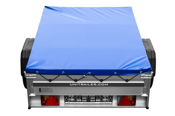 Przyczepka jednoosiowa na resorach z burtami aluminiowymi 200x125 Unitrailer Garden 201/R KIPP ALU ze stelażem H-0 i pokrowcem niebieskim