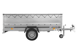 Przyczepka jednoosiowa na resorach 264x125 UNITRAILER GARDEN 264/R KIPP z burtami BIS, stelażem H-0 i plandeką szarą
