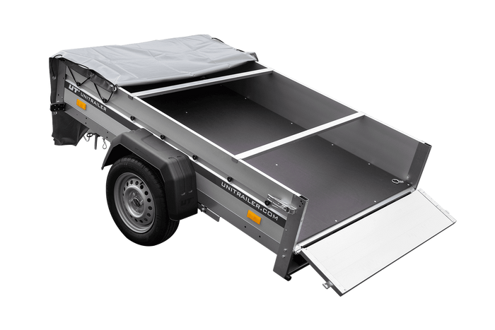 Przyczepka jednoosiowa na resorach z burtami aluminiowymi 200x125 Unitrailer Garden 201/R KIPP ALU ze stelażem H-0 i pokrowcem szarym