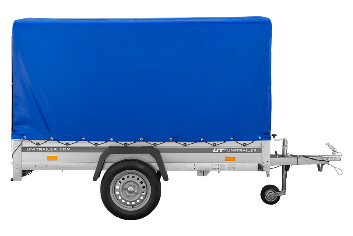 Przyczepka samochodowa z burtami aluminiowymi 230x125 Unitrailer Garden 230 KIPP ALU ze stelażem H1100 i pokrowcem niebieskim