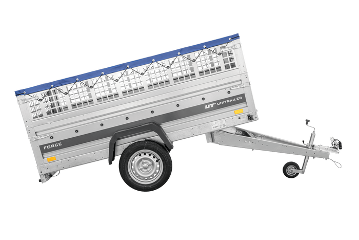 Przyczepka jednoosiowa 230x125 UNITRAILER FORCE 230 KIPP z burtami siatkowymi, stelażem H-0 i pokrowcem niebieskim
