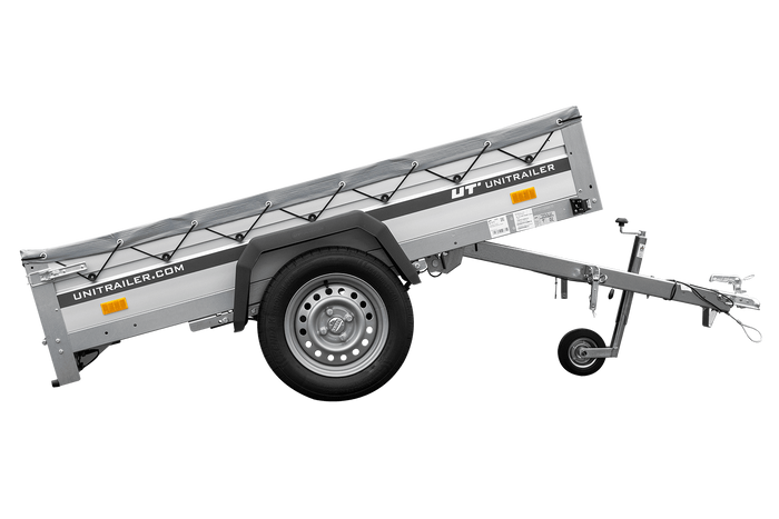 Przyczepka jednoosiowa na resorach z burtami aluminiowymi 200x125 Unitrailer Garden 201/R KIPP ALU ze stelażem H-0 i pokrowcem szarym