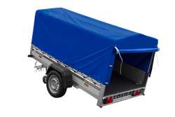 Przyczepka jednoosiowa na resorach z burtami aluminiowymi 230x125 Unitrailer Garden 230/R KIPP ALU ze stelażem H-800 i pokrowcem niebieskim