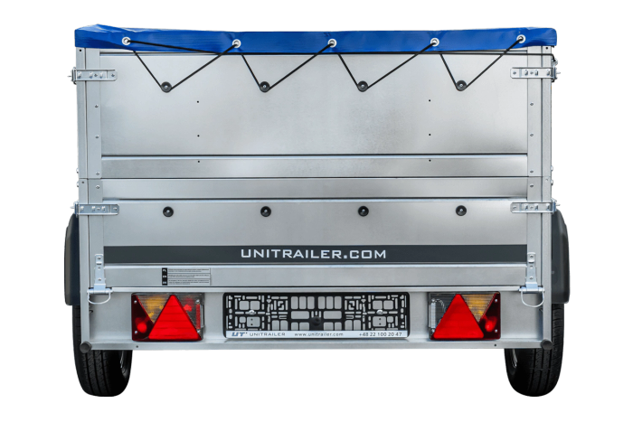 Przyczepka samochodowa na resorach 230x125 UNITRAILER GARDEN 230/R KIPP z burtami BIS, stelażem H-0 i pokrowcem niebieskim