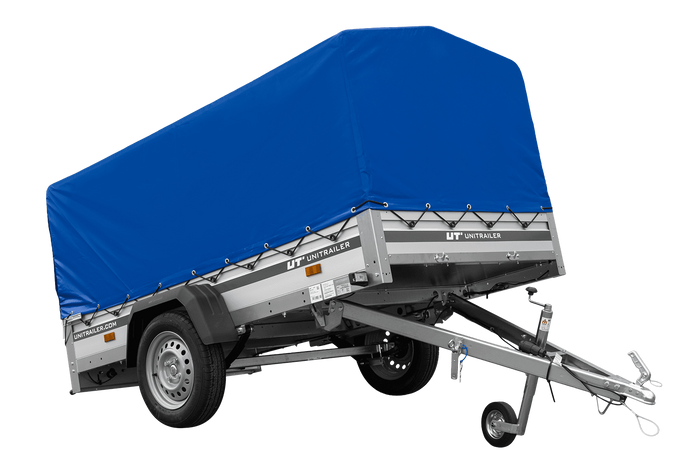 Przyczepka jednoosiowa na resorach z burtami aluminiowymi 230x125 Unitrailer Garden 230/R KIPP ALU ze stelażem H-800 i pokrowcem niebieskim