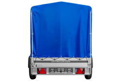 Przyczepka samochodowa z burtami aluminiowymi 230x125 Unitrailer Garden 230 KIPP ALU ze stelażem H1100 i pokrowcem niebieskim