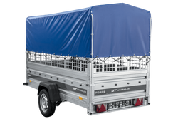 Przyczepka samochodowa na resorach 264x125 UNITRAILER FORCE 264/R KIPP z burtami siatkowymi, stelażem H-800 i pokrowcem niebieskim