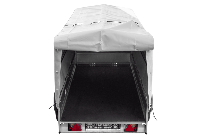 Przyczepka dwuosiowa 264x125 UNITRAILER GARDEN 264/2 KIPP ze stelażem H-1100 i plandeką szarą