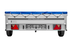 Przyczepka samochodowa z burtami aluminiowymi 264x150 Unitrailer Garden 265 KIPP ALU ze stelażem H-0 i pokrowcem niebieskim