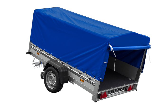 Przyczepka jednoosiowa na resorach z burtami aluminiowymi 230x125 Unitrailer Garden 230/R KIPP ALU ze stelażem H-800 i pokrowcem niebieskim
